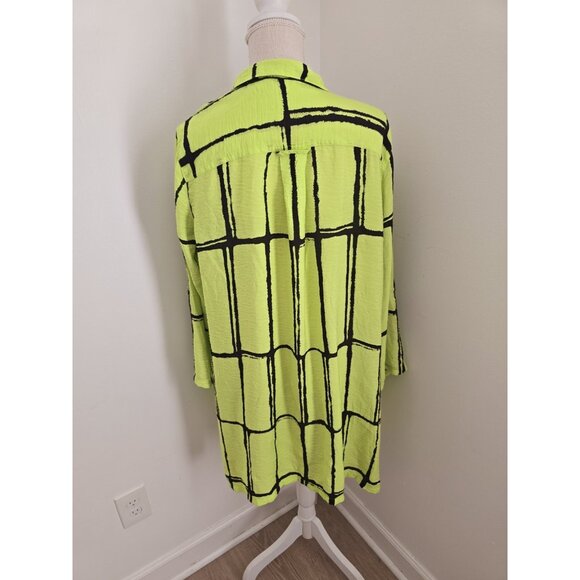 John Mark Abstract Neon Green Black Collared Roll Tab Tunic Blouse Top Shirt XL - Picture 6 of 12